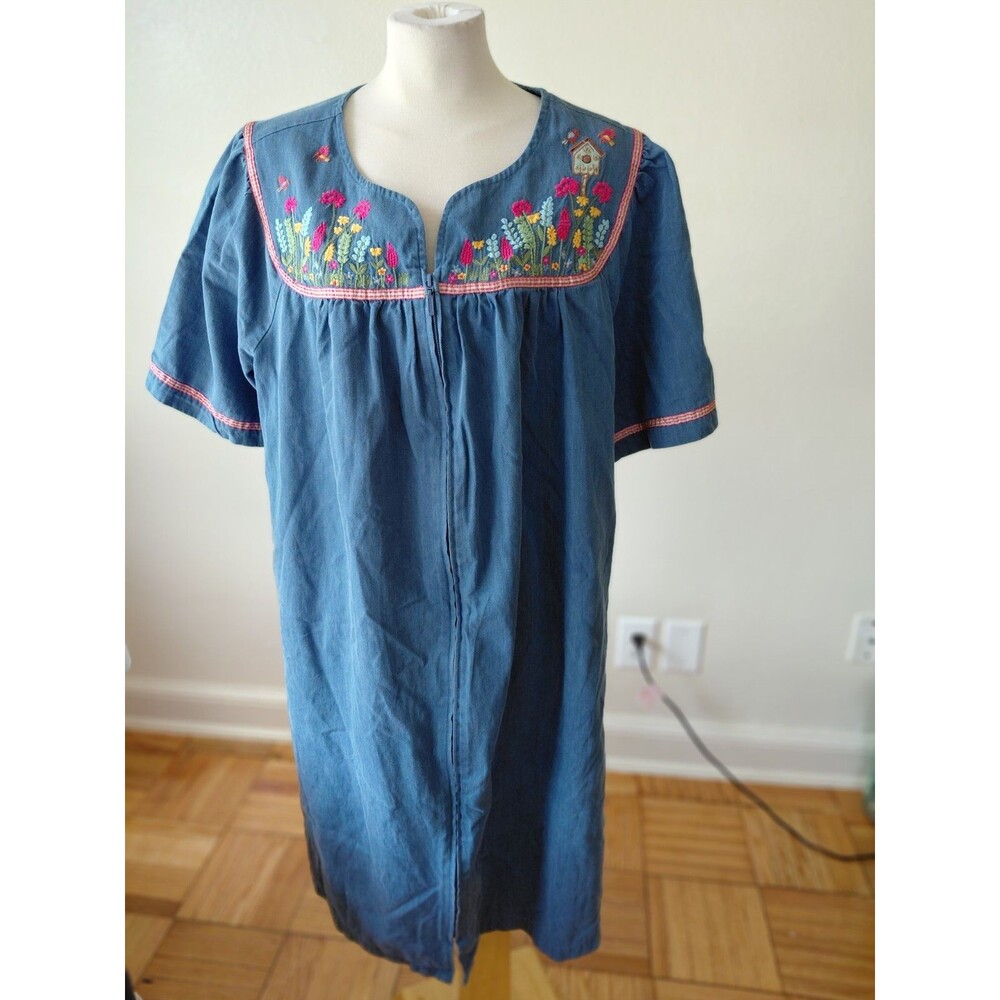 GO SOFTLY WOMENS PATIO DRESS BIRD HOUSE 100% COTTON BLUE & MULTICOLOR SIZE 1X